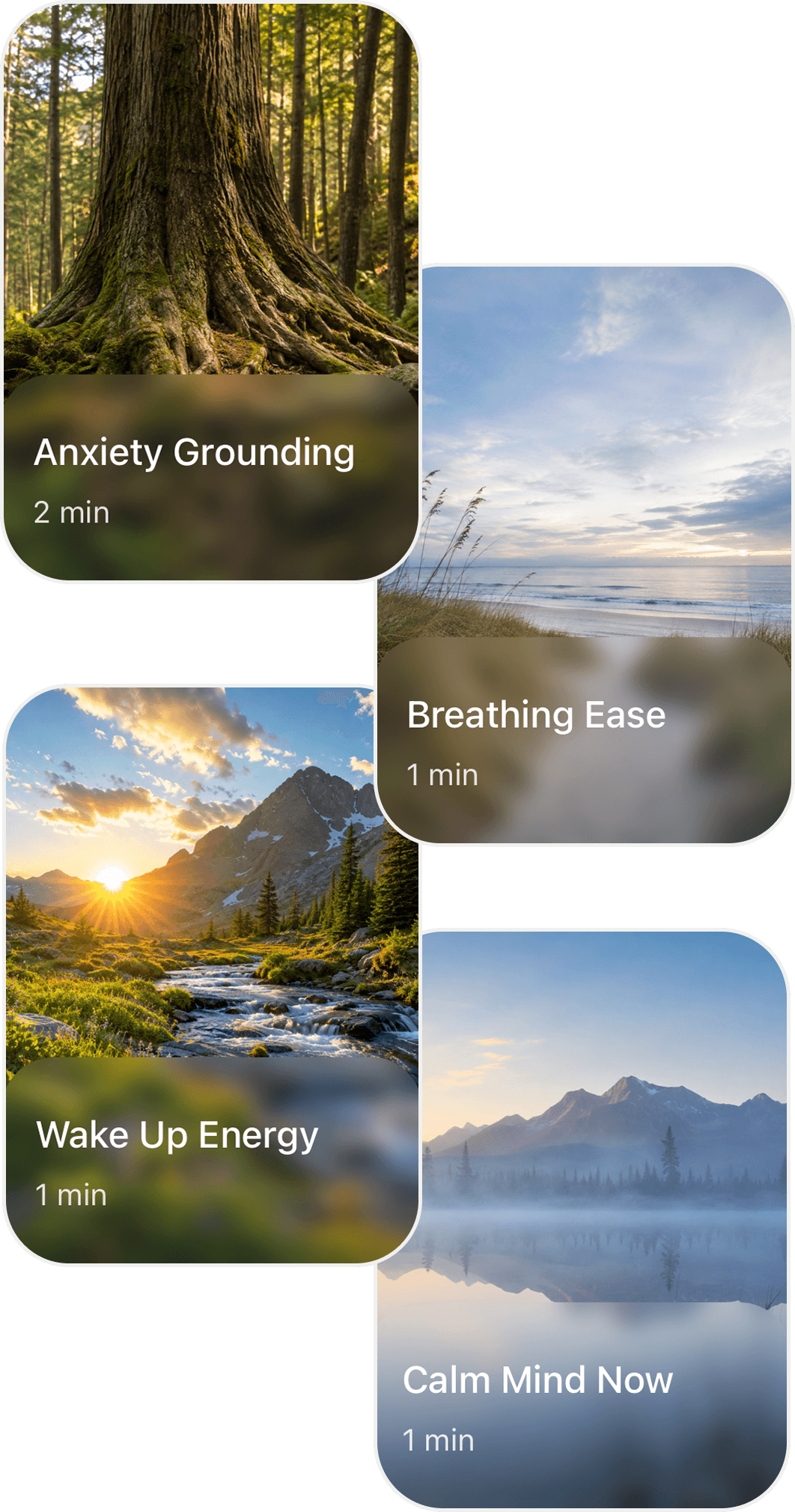 Coacalm guided sessions: Anxiety Grounding, Breathing Ease, Wake Up Energy, Calm Mind Now