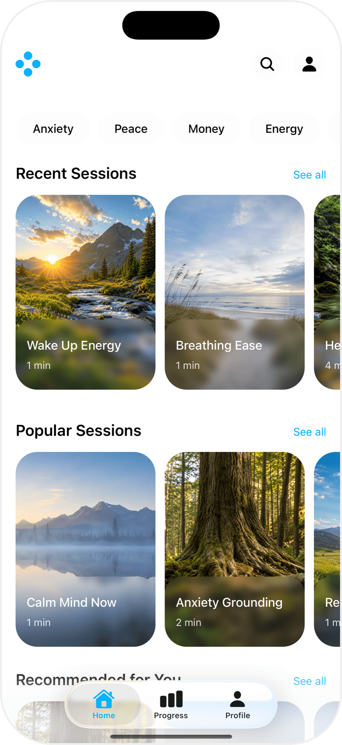 Coacalm home screen with category filters and recent, popular, and recommended sessions